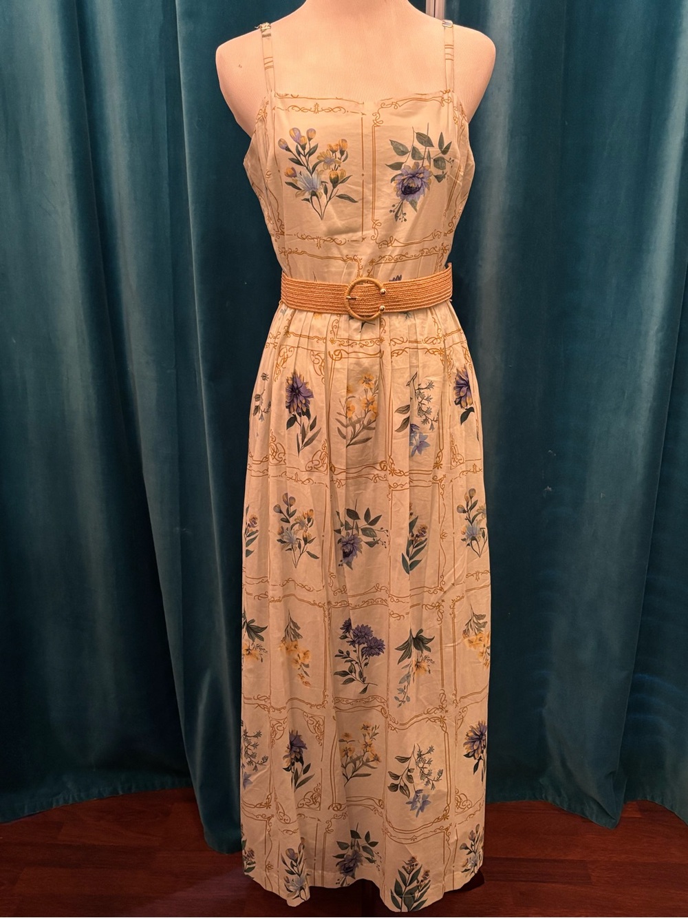 Floral Print Cream Maxi Dress with Belt